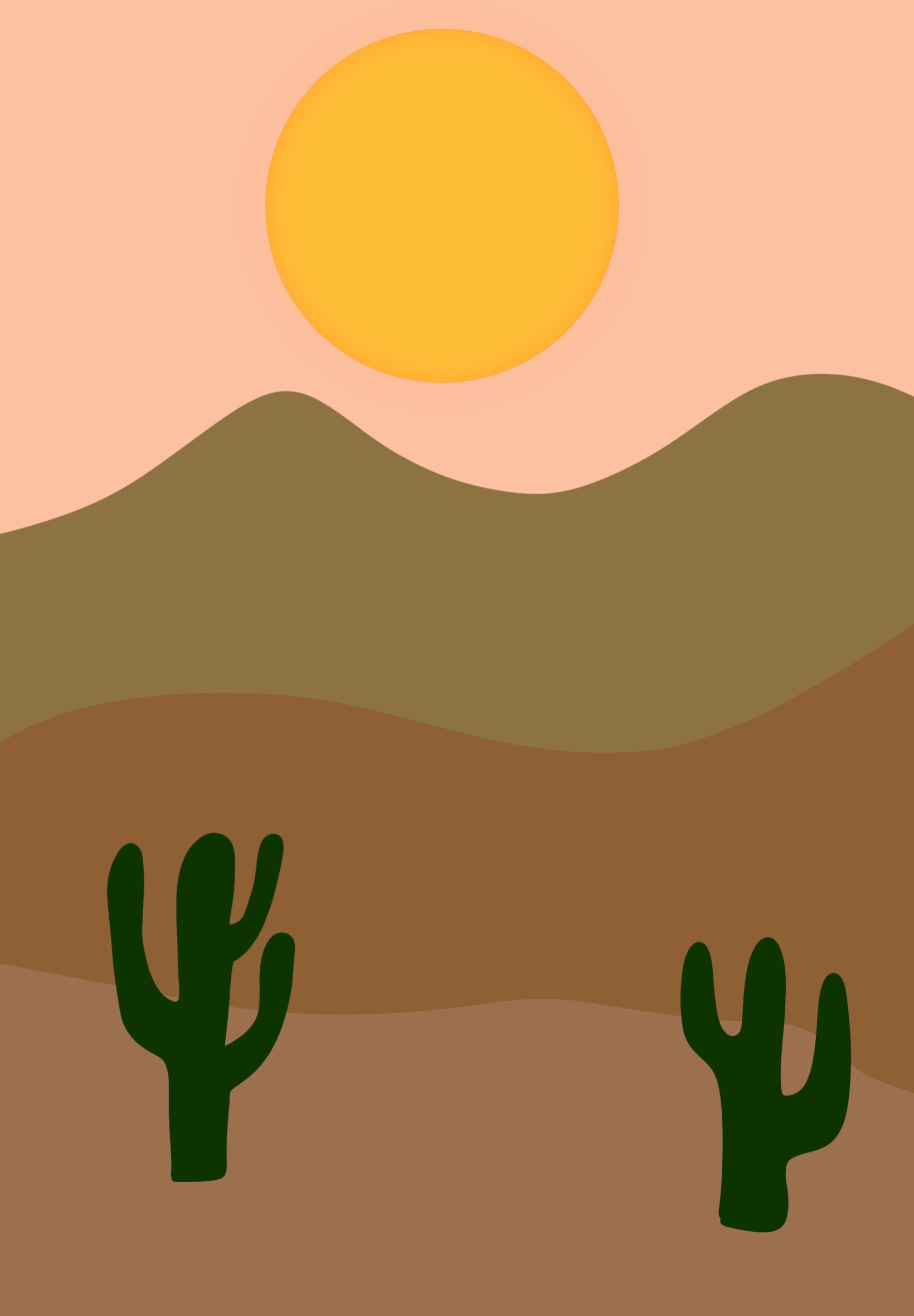 Hand-drawn warm desert scene with layered hills and cacti.
