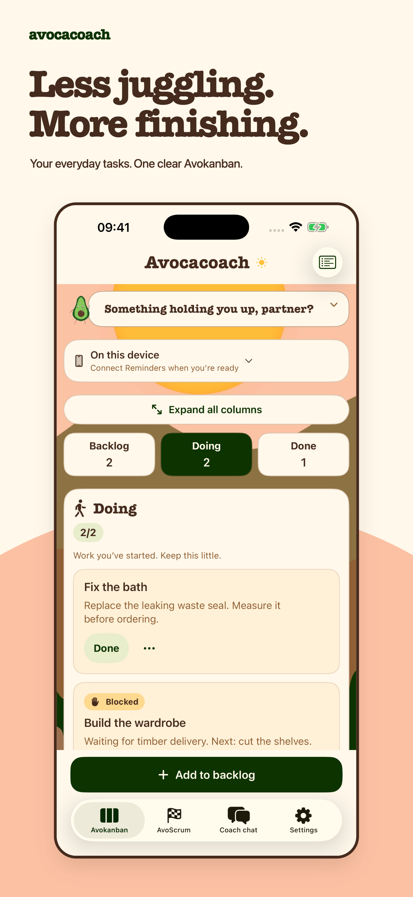 Avocacoach board showing Backlog, Doing and Done.