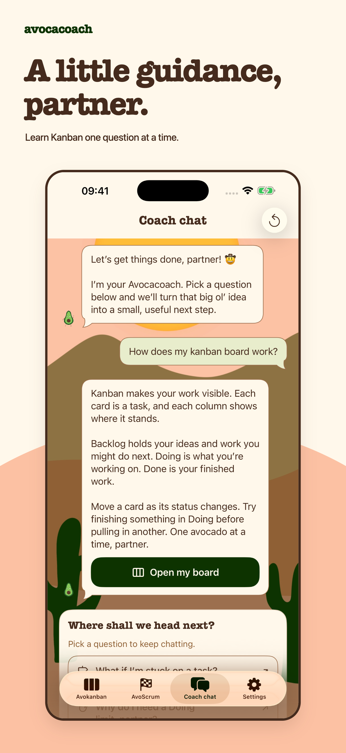 Avocacoach coach chat showing a prepared explanation of how a Kanban board works.