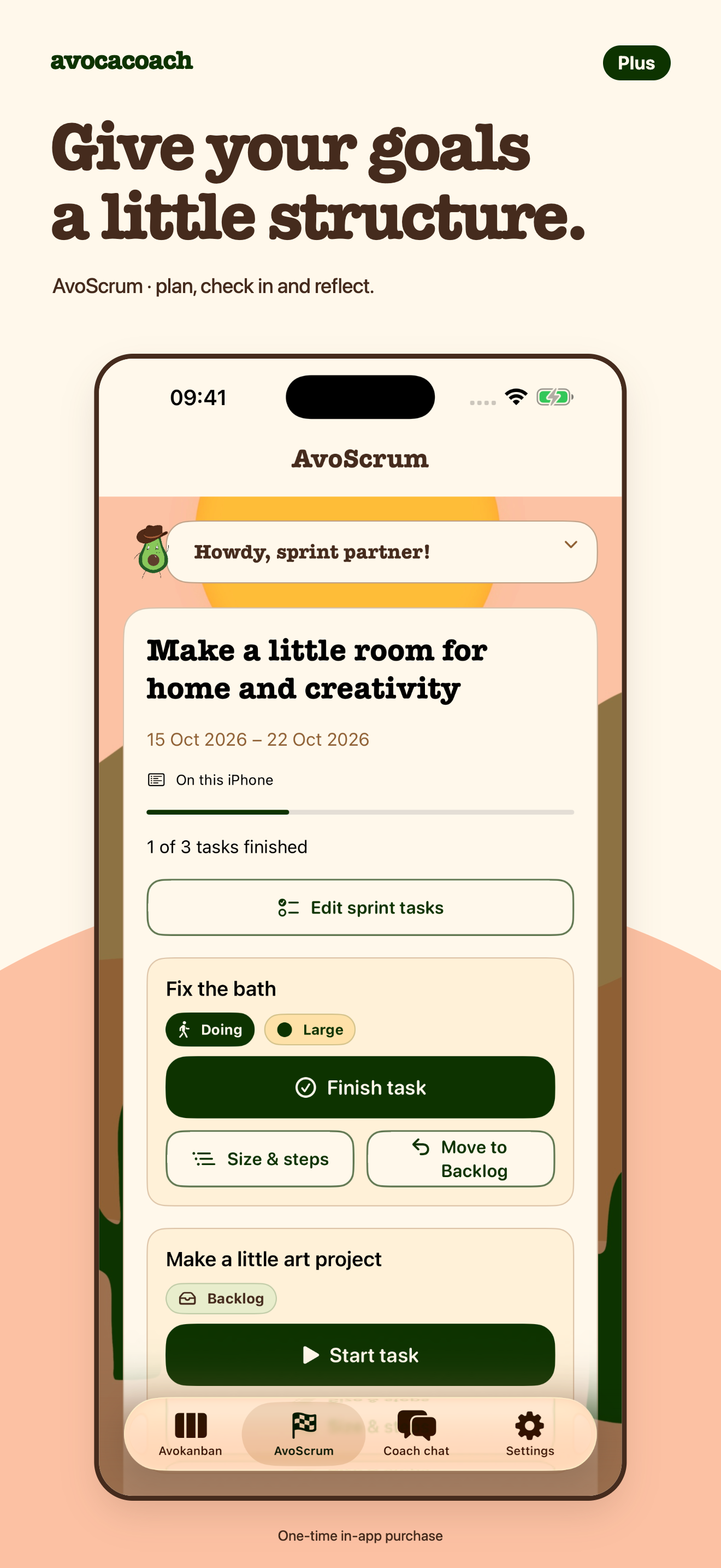 AvoScrum beta screen with a goal and sprint tasks.