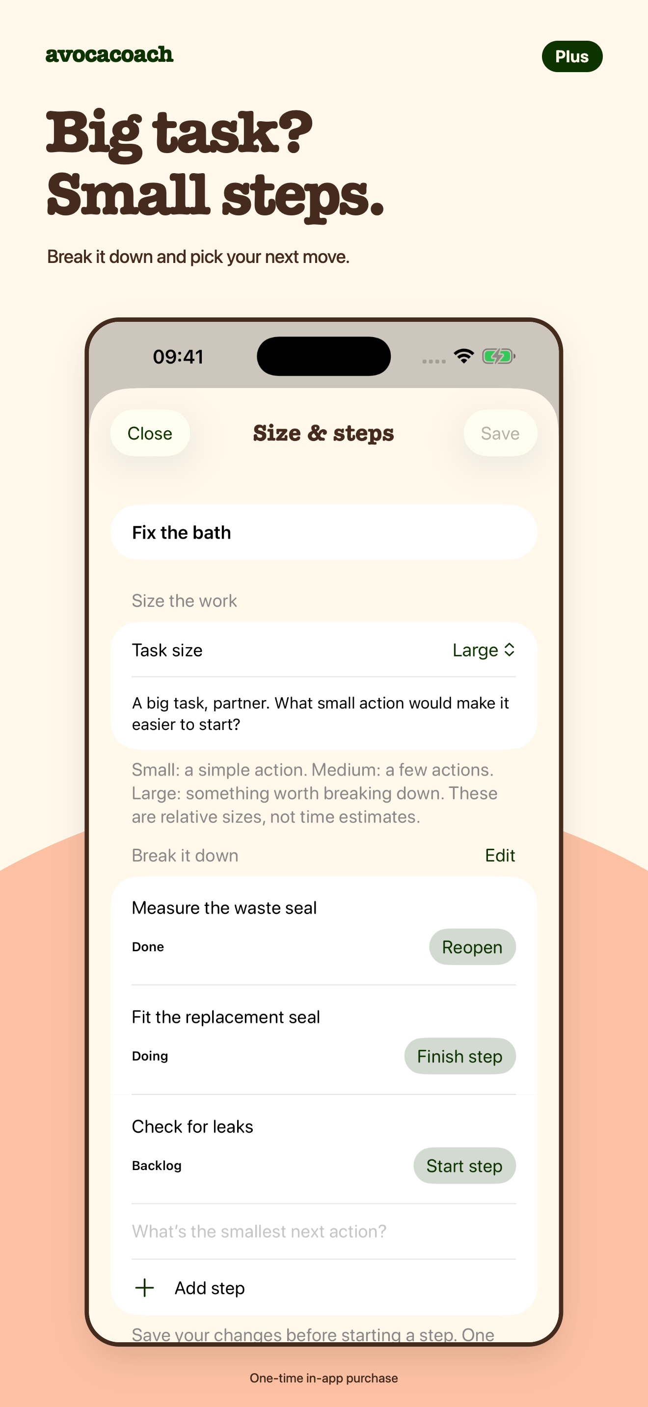 Avocacoach task screen showing saved steps and their progress.
