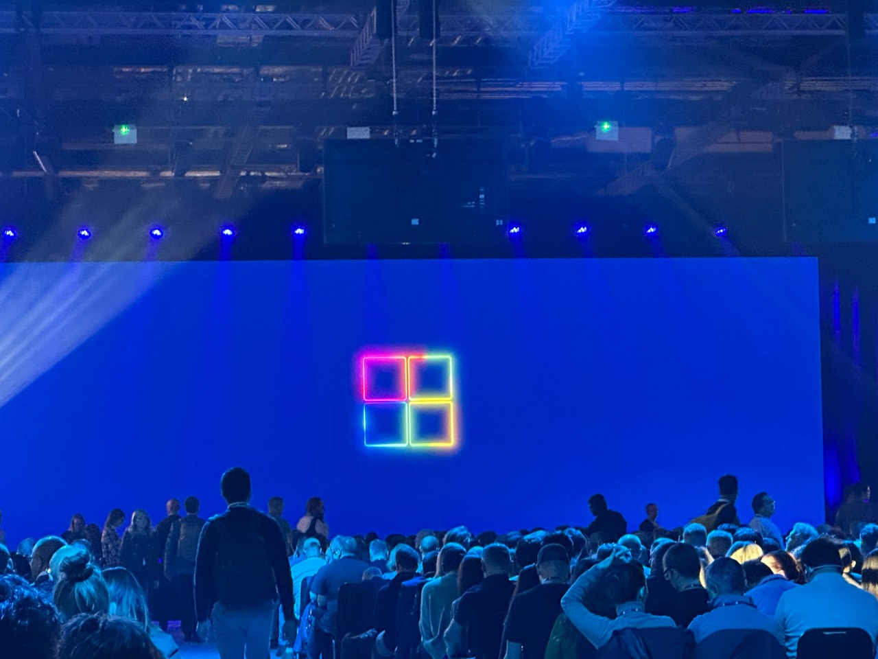 Audience gathering in front of a blue Microsoft stage at the Frontier Tour keynote in London.