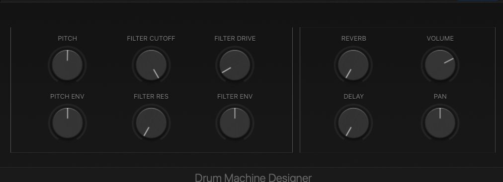 Drum Machine Designer pad control panel showing pitch, filter cutoff, filter drive, reverb, volume, delay and pan knobs.