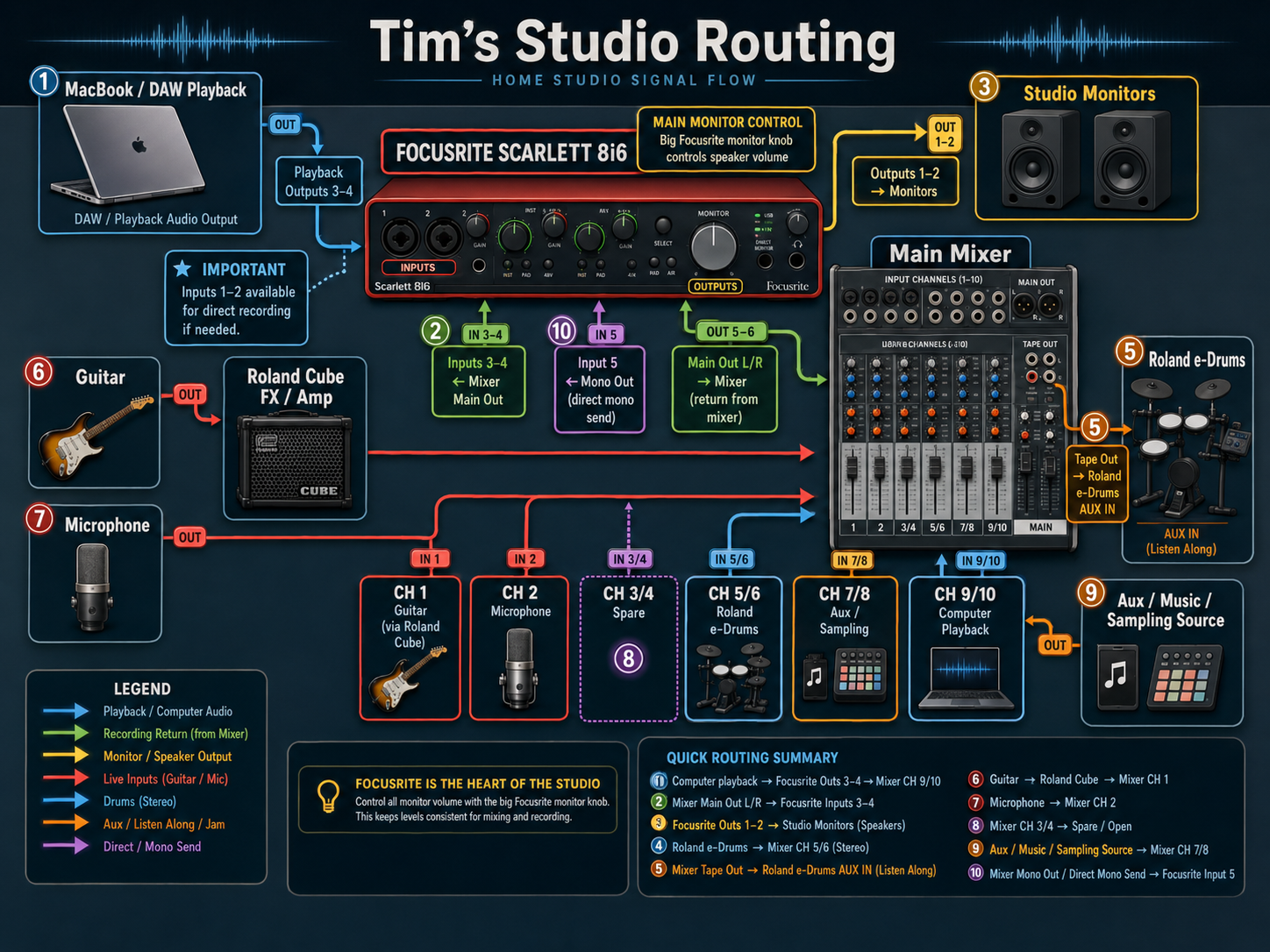 Diagram of Tim’s studio routing showing Mac playback, Focusrite Scarlett 8i6, main mixer, Roland e-drums, Roland Cube, guitar, microphone and studio monitors.